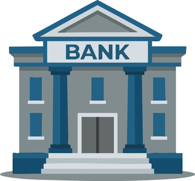A stylized bank building illustration with the word 'BANK' prominently displayed above the entrance in bold typography.