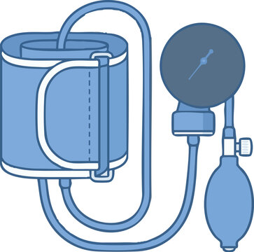 A detailed blue medical blood pressure cuff system with pump, gauge, and tubing connected to a container.