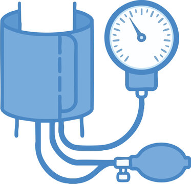 A blue medical blood pressure monitor connected to a cylindrical container with a pump and gauge.