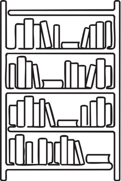 Minimalist line drawing of a fully stocked bookshelf with hardcover and paperback books arranged neatly on shelves.