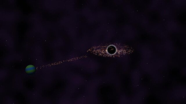 A celestial body being torn apart by a black hole's gravitational pull in deep space.