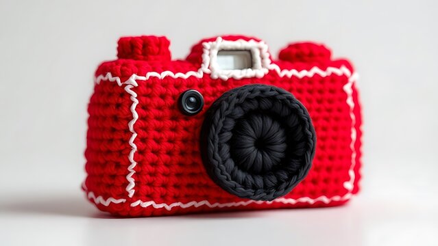 Crocheted red camera toy with intricate black lens and white detailing on body