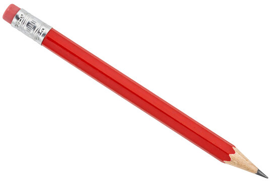 Red pencil with eraser isolated on white. Classic wooden graphite pencil for writing.