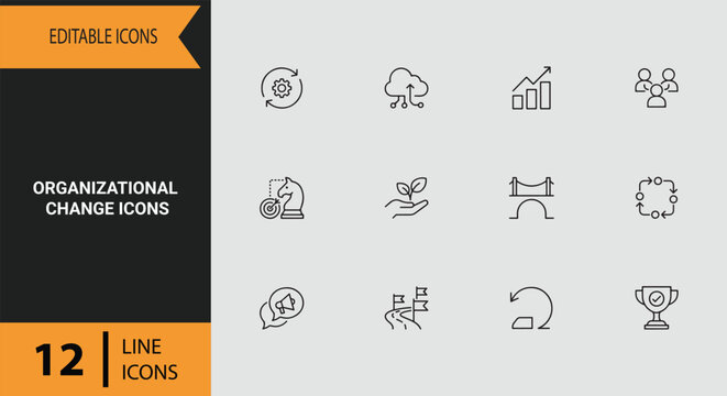 Organizational Change Icons Outline Clean Stroke Symbols for Business Transformation Process Adaptation and Restructuring