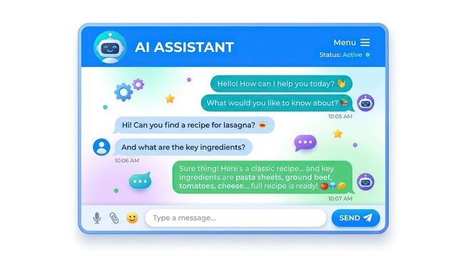 Chatbot interface with AI conversation. Digital assistant engaging users in a modern, user-friendly chat environment.