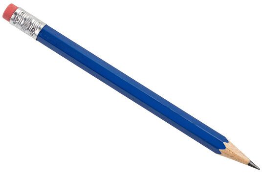 Blue wooden pencil with eraser. Graphite writing tool isolated on white background.