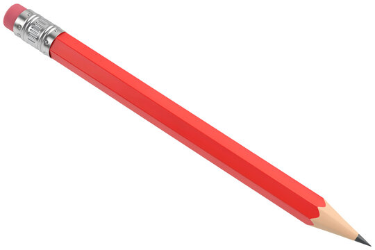 Red pencil with eraser isolated on white. Wooden graphite pencil for writing and drawing.