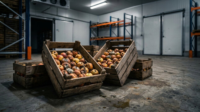 Rotten apples in wooden crates inside dimly lit storage room with metal shelves and concrete floor, showing decay and neglect