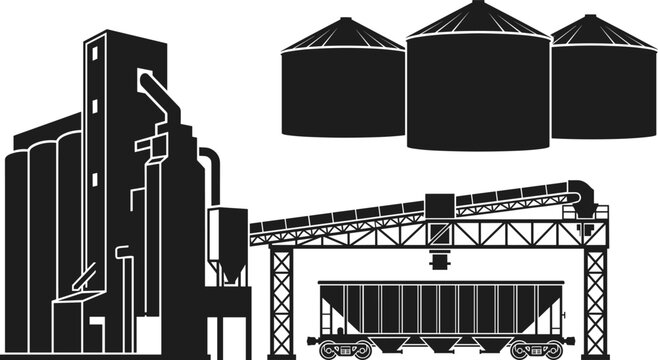 Industrial grain elevator plant set featuring storage silos conveyor system and train hopper car vector illustration