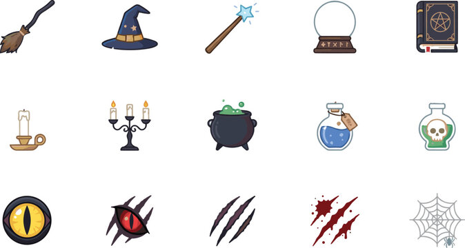 Set of magic and witchcraft icons including potions, spellbook, and wizard hat