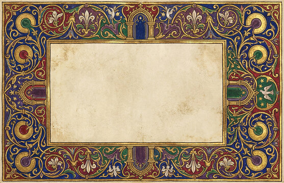 Medieval illuminated manuscript border with gothic arches and vibrant colors.