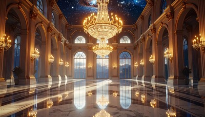Obraz premium A luxurious grand palace ballroom with polished marble floors reflecting glittering crystal chandeliers. Large windows reveal a starry night sky, exuding elegance, grandeur, and timeless beauty.