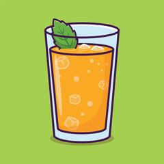 Cute Cartoon Glass of Orange Juice with Ice Cubes and Mint Leaf Vector Illustration © Bara Shofiyan 