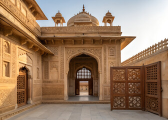 Obraz premium Traditional Indian heritage courtyard entrance beautifully carved sandstone walls large ornamental arch wooden lattice gate with repeating geometric pattern 