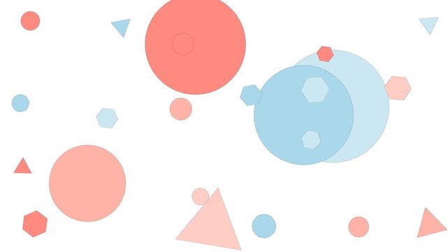 Abstract background with scattered red and blue geometric shapes including circles, triangles, and hexagons on a white canvas.