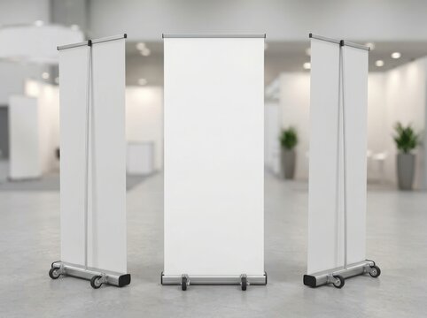 Three blank roll up banner stands in a modern exhibition hall for marketing and business presentation mockups