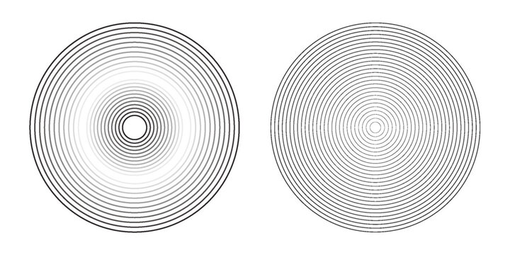 Black concentric circle set. Sonar or sound wave ring collection. Dotted and linear epicentre, target, radar icon concept. Ripple radial signal or vibration elements. Vector line and halftone symbols