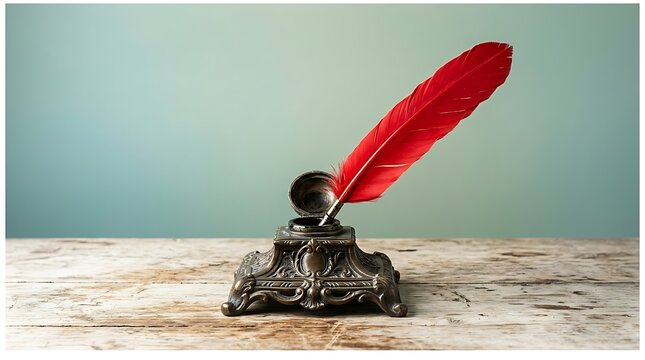 Vintage bronze inkwell with a vibrant red quill pen resting on a rustic wooden table against a soft teal background for creative writing