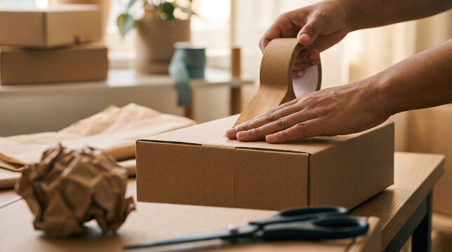 Hands Sealing a Cardboard Shipping Box with Paper Tape