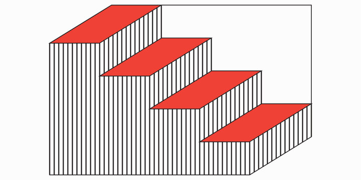 Schroeder's staircase optical illusion vector illustration with red treads and striped sides