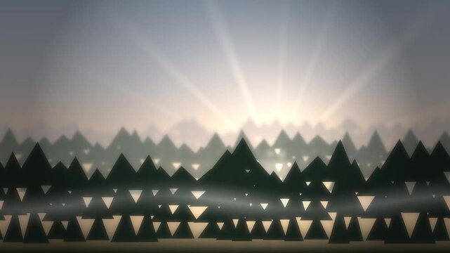 Abstract geometric landscape with triangular mountains and glowing particles at sunrise, featuring stylized light rays across the horizon.
