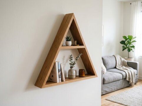 Modern triangle wooden wall shelf with small plants and books in a bright cozy living room interior with a comfortable couch