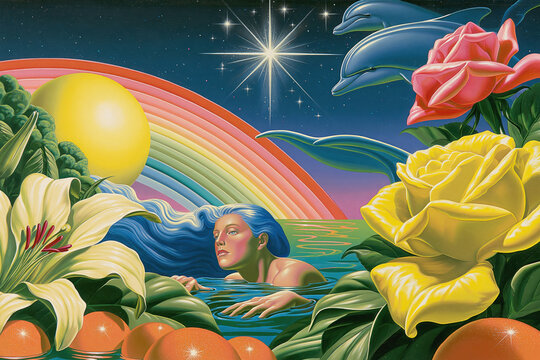 Surreal nature scene with vibrant colors and cosmic elements.