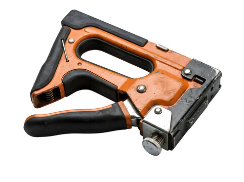 Heavy duty orange and black staple gun tool with metal parts and textured grip for construction and DIY projects PNG Isolated on transparent background