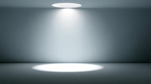 Modern empty interior with circular spotlight beam from above, highlighting bright area on floor in clean, minimalist space. Soft gradients, subtle shadows create moody, atmospheric effect