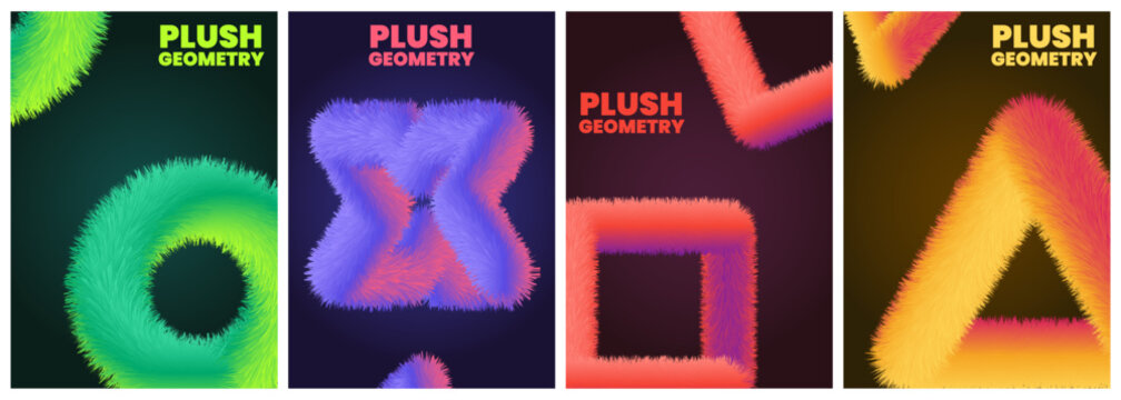 Plush geometry poster set. Fuzzy three‑dimensional shapes in bold colors. Ring, X, square, and triangle compositions for tactile abstract design