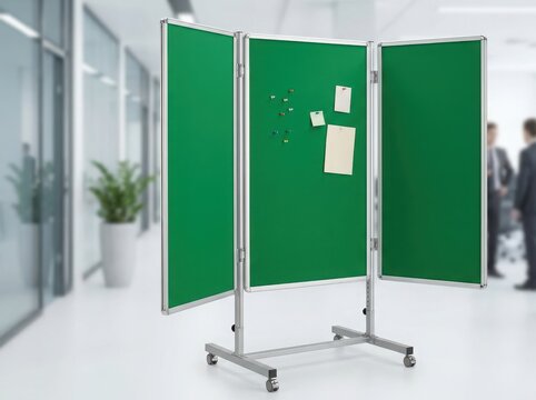 Three panel folding green display board on wheels standing in a modern office hallway for business presentations and announcements