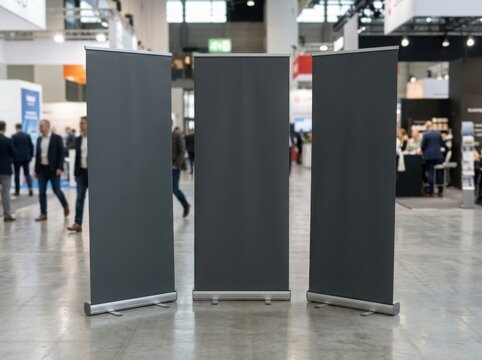 Three blank black roll up banners standing in a busy exhibition hall during a trade show business event with people in background