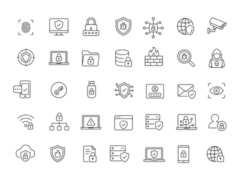 35 Cybersecurity Line Icons Set with Locks, Shields, Firewall, Hacker, Surveillance and Data Protection Symbols for Web, App and IT Security Design