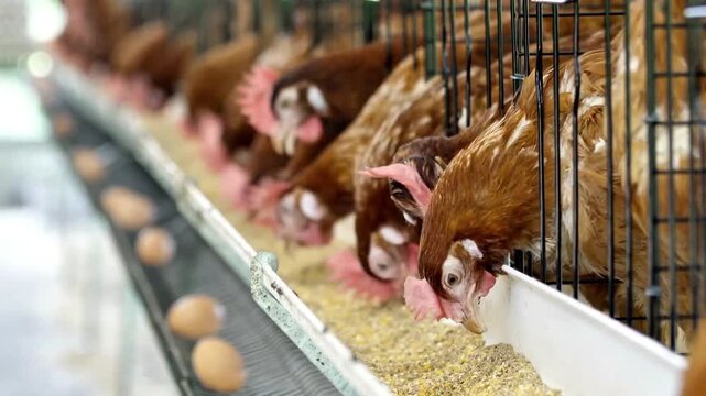 Chickens eating feed in battery cages at industrial poultry farm