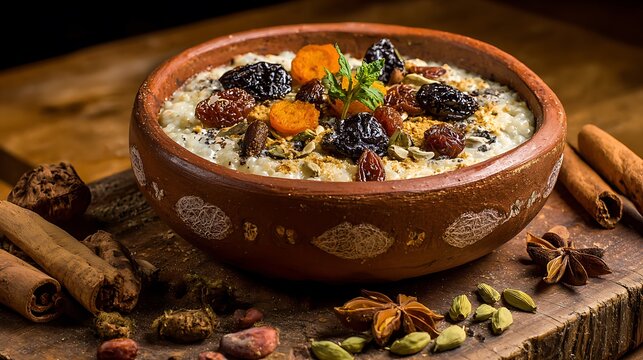 Homemade sago pudding in earthenware bowl decorated with dried fruits (2)