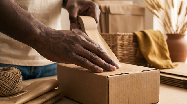 Close Up of Hands Taping a Cardboard Box with Twine Nearby