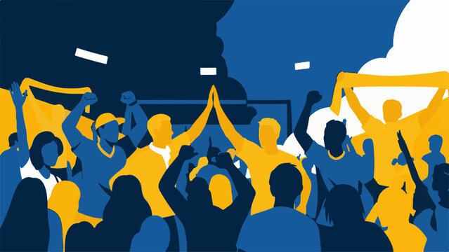 Crowd of people raising arms with yellow vests in a dynamic, unified protest or celebration scene.