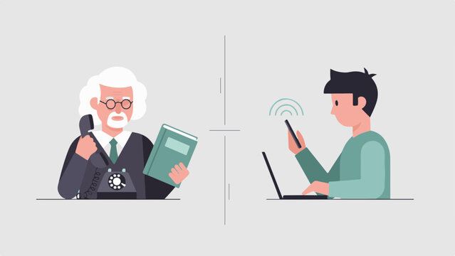 Elderly mentor with a book teaches a younger person using a laptop in a split-screen digital illustration format.