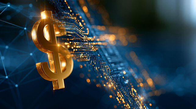 A golden dollar sign combined with circuit board patterns representing digital finance and technology on a glowing blue network background, with copy space