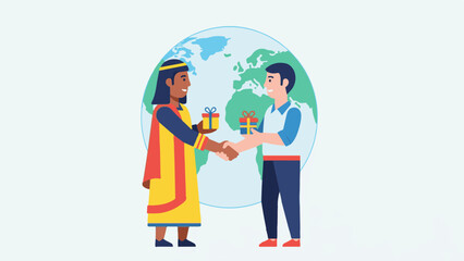 Fototapeta premium Illustrated professionals exchanging gifts with a globe symbolizing global collaboration and partnership.