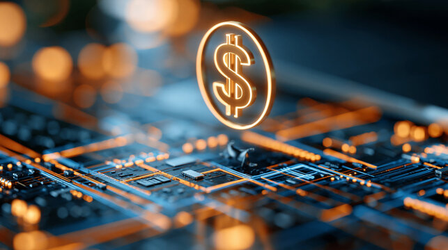 A glowing dollar sign hovering above a digital circuit board with orange and blue lighting, digital finance technology concept, with copy space