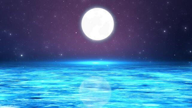 Fantasy moonlight ocean glowing full moon, sparkling stars, calm water reflections. meditation visuals, dreamy cinematic intros, relaxation spiritual presentations, nature themes, animation projects.