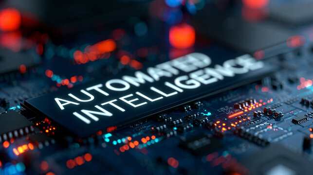 Glowing text representing automated intelligence displayed on a digital circuit board background, futuristic tech branding, with copy space