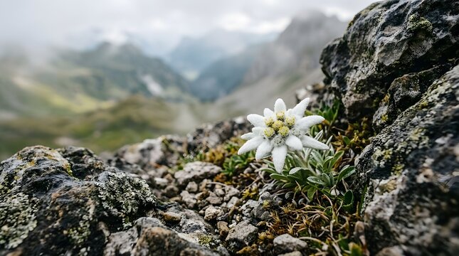 White Edelweiss flower growing on high alpine rocks with mountain landscape for Swiss National Day