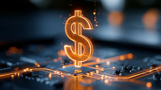 A glowing orange dollar sign hovering above a circuit board in a dark digital space, futuristic finance concept, with copy space