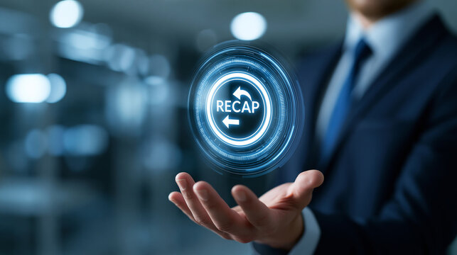 Businessman interacting with a glowing digital recap button, defocused modern office background, business review technology, with copy space