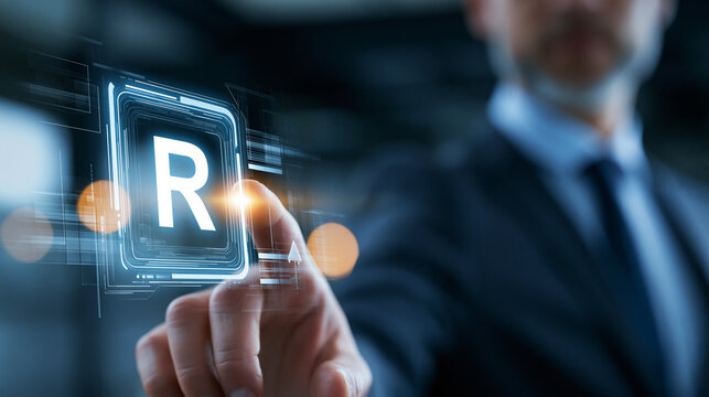Businessman interacting with a glowing digital recap button, defocused modern office background, business review technology, with copy space