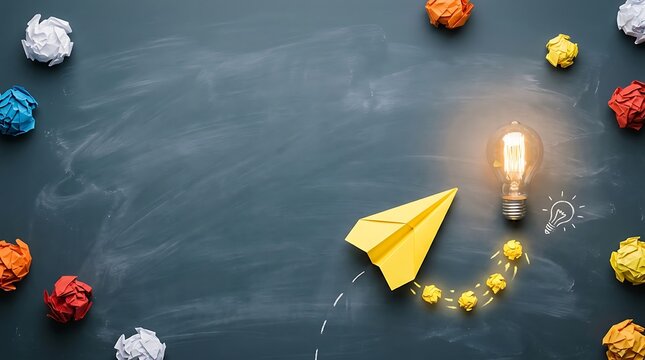 Yellow paper airplane flying past a glowing light bulb on a dark chalkboard background with scattered colorful paper balls