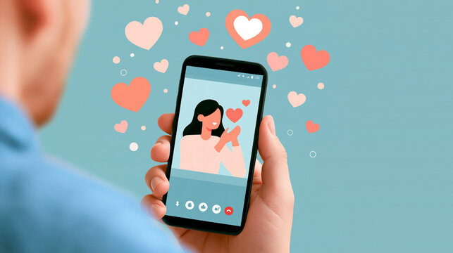 Faceless hand holding a smartphone displaying a video call screen surrounded by floating heart symbols, long-distance relationship concept, digital connection and love, with copy