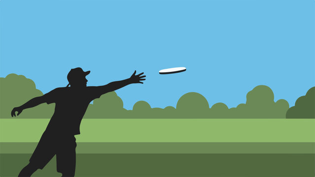 Casual player in dark silhouette throwing a white frisbee against a vibrant green park backdrop with scattered trees.